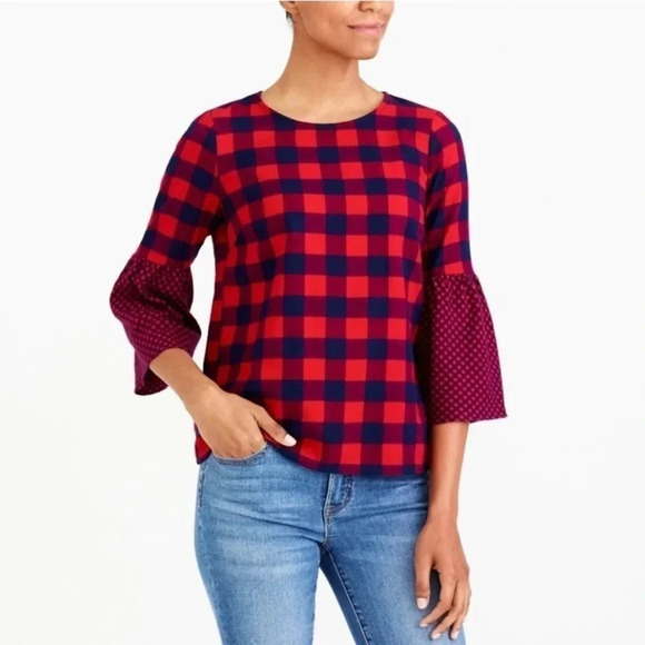 NWT J.Crew Mercantile Buffalo Plaid Bell Sleeve Top - Picture 1 of 5